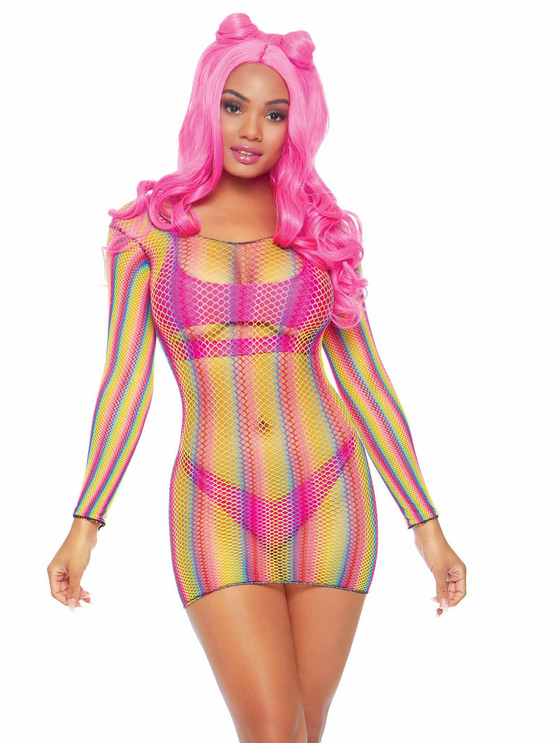 Leg Avenue Rainbow Fishnet Long Sleeved Mini Dress - One Size - Rainbow