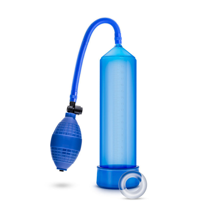 Blue cylinder that connects to a squeezable ball pump by a blue flexible hose. Includes blue pump sleeve and stretchy cock ring.  Additional images show alternate angles.