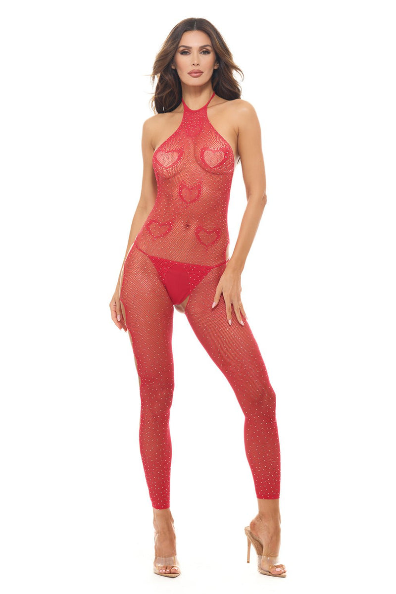 Rene Rofe Love Stroke Stones Heart Bodystocking and G-String Red - Os