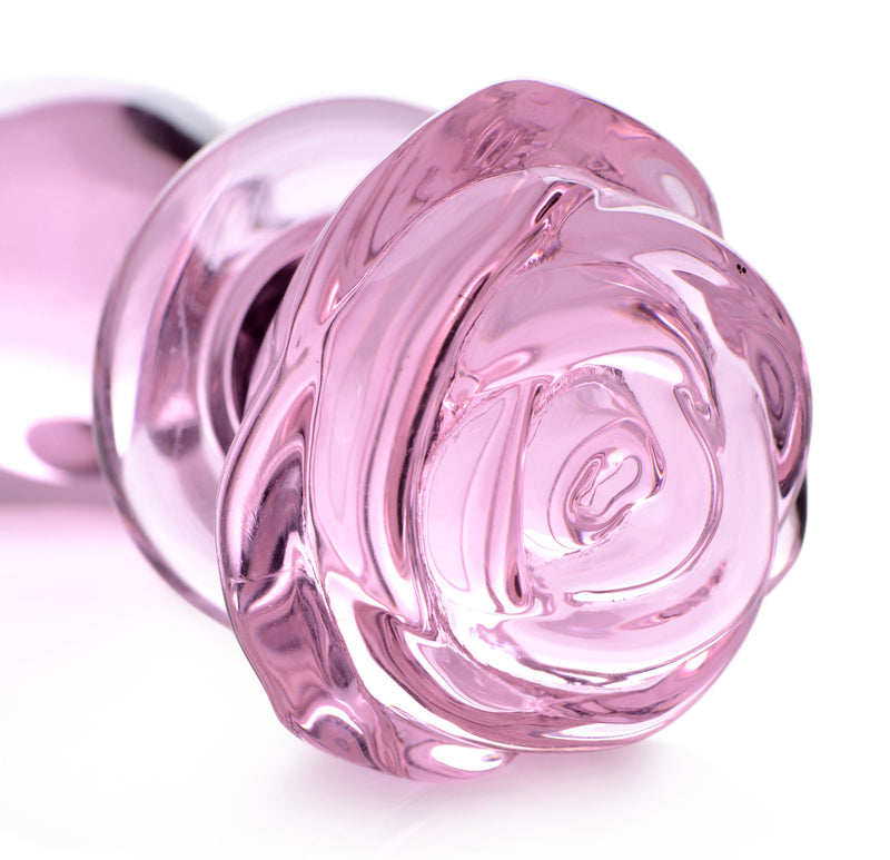 XR Brands Pink Rose Glass Anal Plug - Medium