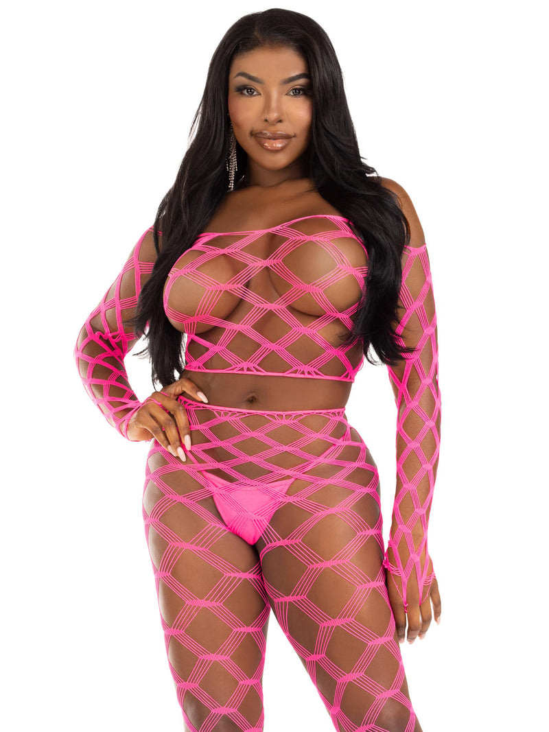 Leg Avenue 2 Pc Net Crop Top and Footless Tights - One Size - Neon Pink