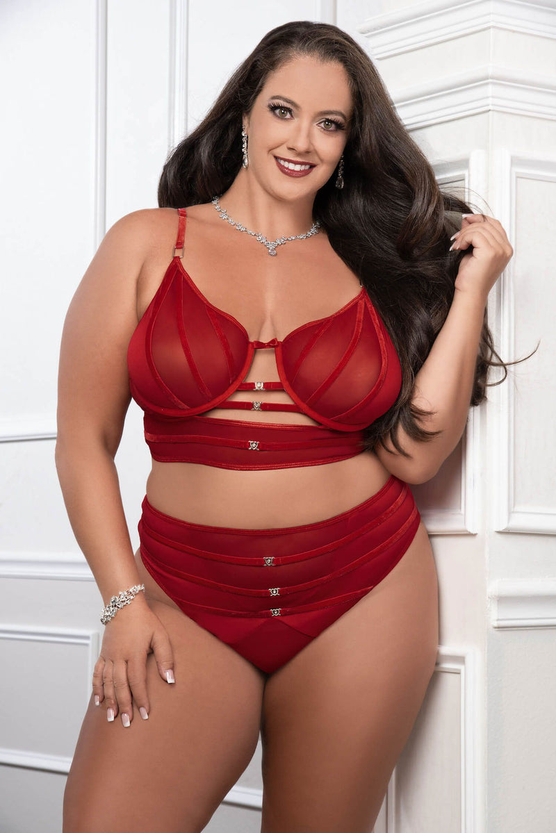 G-World Cinnamon Red 2pc Satin Bra and High Waist Panty - Queen Size