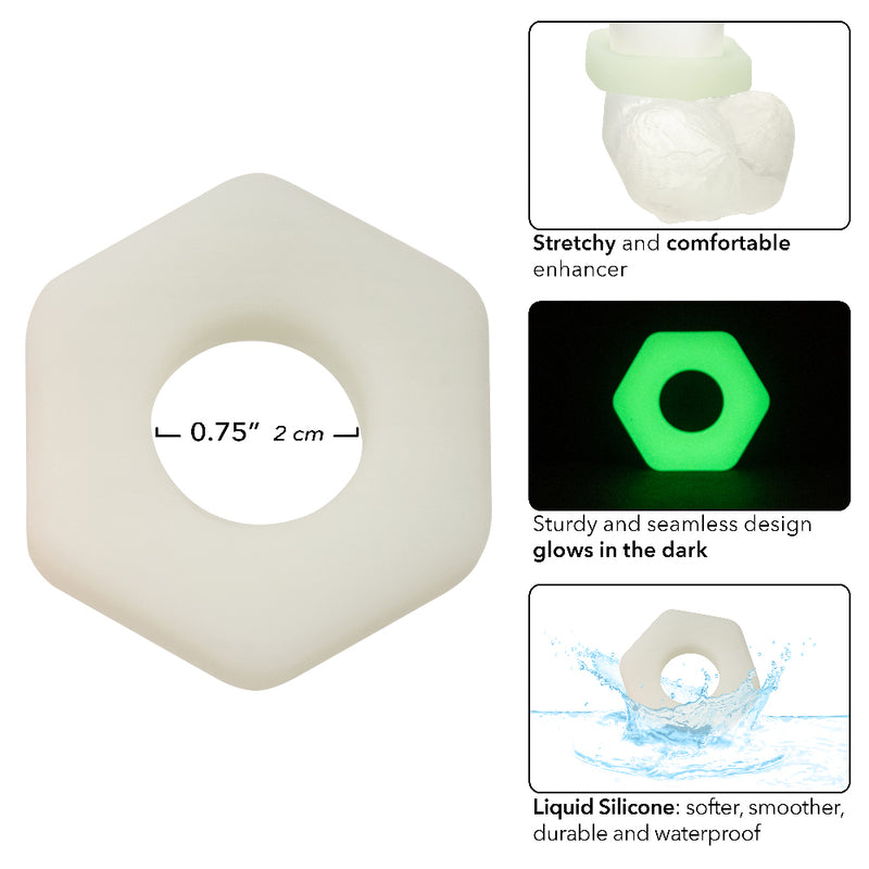 CalExotics Alpha Glow-in-the-Dark Liquid Silicone Prolong Sexagon Ring - White