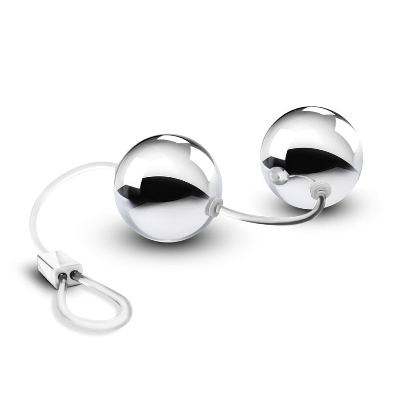 Two smooth, small, silver plastic Kegel balls connected by a clear cord with a loop at the bottom for easy retrieval. Additional images show alternate angles.