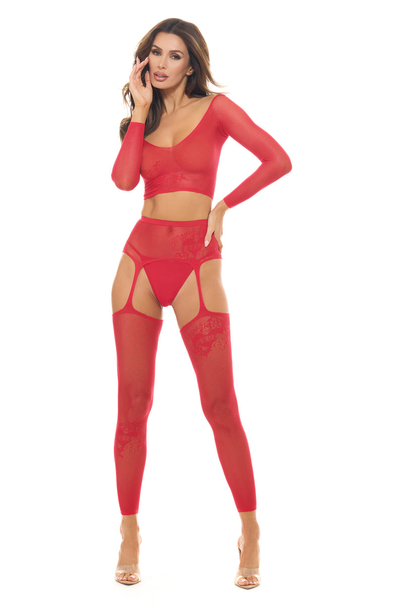 Rene Rofe Permanent Mark Long Sleeve Top and Garter Bodystocking Red - Os