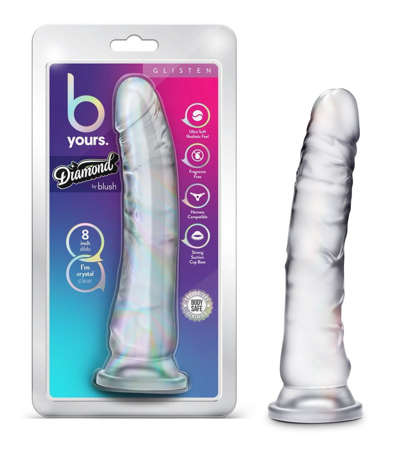 B Yours Diamond Glisten Realistic G-Spot Clear 8.75-Inch Long Dildo With Suction Cup Base