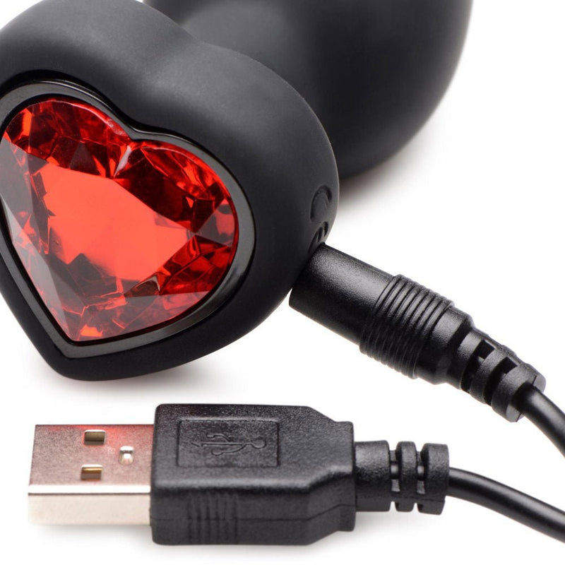 XR Brands 28x Silicone Vibrating Red Heart Anal Plug With Remote - Small