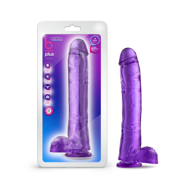 B Yours Plus Hefty Hung Purple 14-Inch Long Dildo With Balls & Suction Cup Base