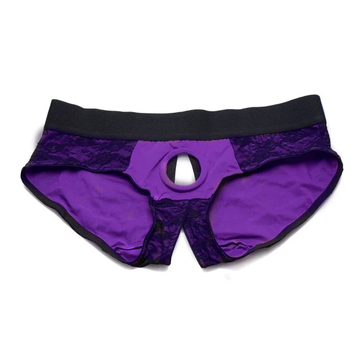 XR Brands Lace Envy Crotchless Panty Harness - S/ M Black and Purple