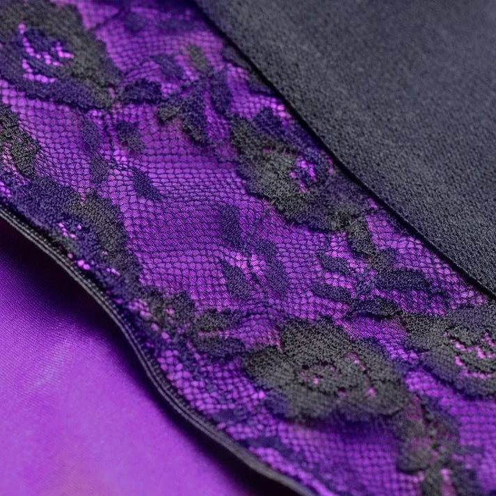 XR Brands Lace Envy Crotchless Panty Harness - S/ M Black and Purple