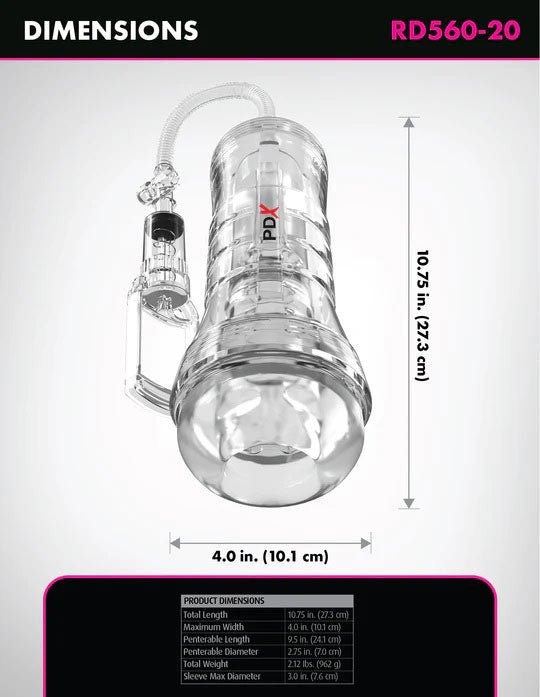 Pipedream PDX Elite Viewtube Vac XXL Pump Clear See-Thru EZ-Grip Pump Stroker - Clear - Stroker Masturbator - Penis Pump - Canister Masturbation Cup
