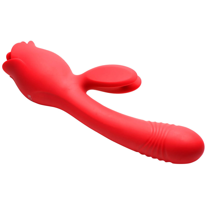 XR Brands Blooming Bunny Sucking and Thrusting Silicone Rabbit Vibrator - Red