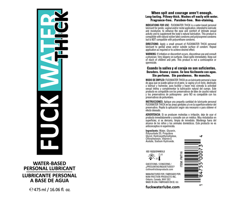 Fuck Water Fuck Water Thick 16oz Clear Water Based Lubricant