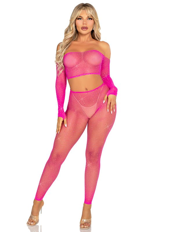 Leg Avenue Rhinestone Fishnet Crop Top and Footless Tights O/s - Neon Pink