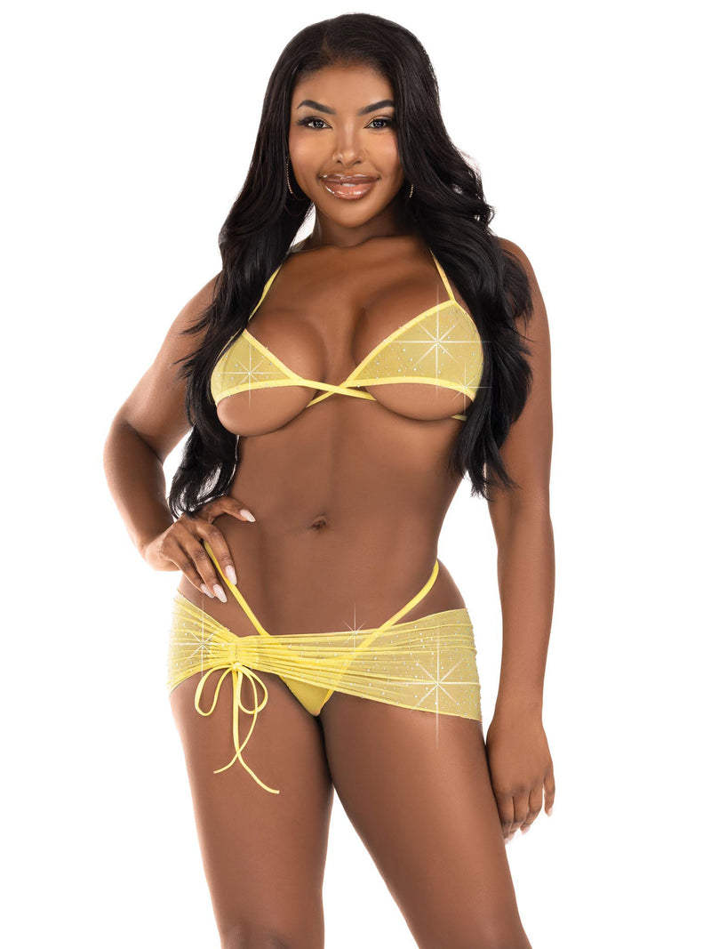 Leg Avenue 3 Pc Rhinestone Mesh Set - Small/medium - Baby Yellow