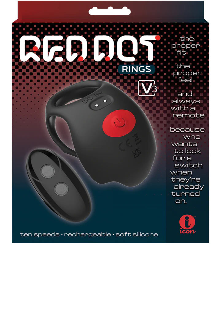 Icon Brands Red Dot Vibrating Cock Ring V3 With Remote - Black/red