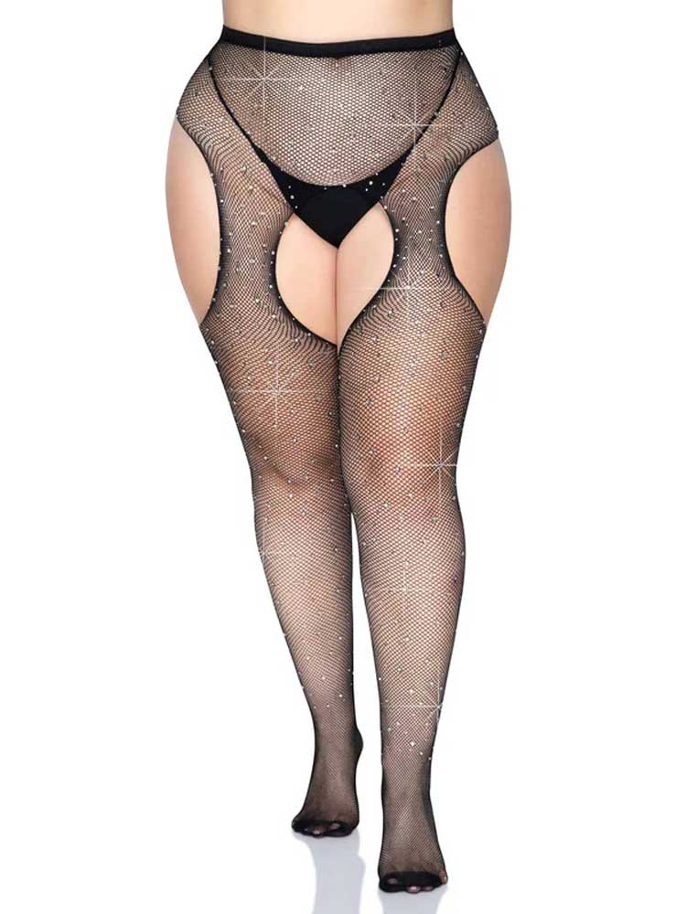 Leg Avenue Casey Rhinestone Fishnet Suspender Pantyhose - Queen - Black
