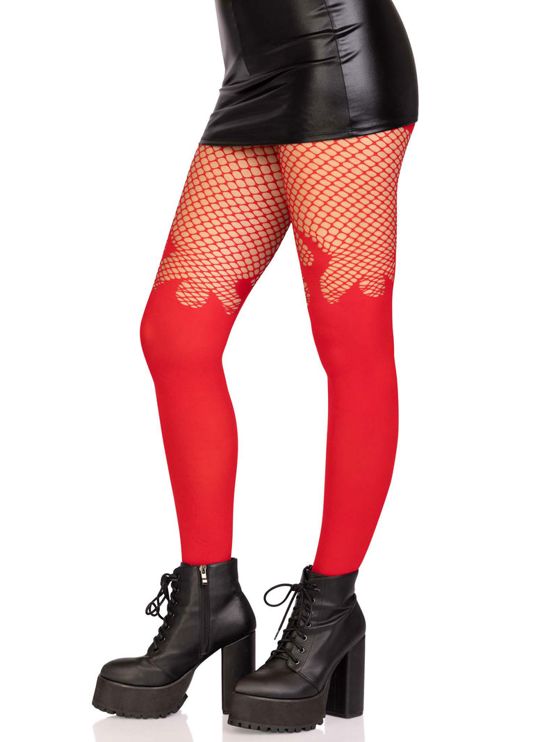 Leg Avenue Opaque Flame Tights With Fishnet Top - One Size - Red