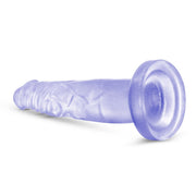 Clear realistic dildo with fine glitter inside with a slim tapered realistic head for easy insertion and subtle veins along the straight but flexible shaft. Suction cup base. Additional images show alternate angles.