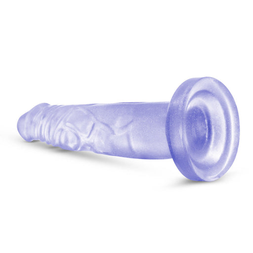Clear realistic dildo with fine glitter inside with a slim tapered realistic head for easy insertion and subtle veins along the straight but flexible shaft. Suction cup base. Additional images show alternate angles.
