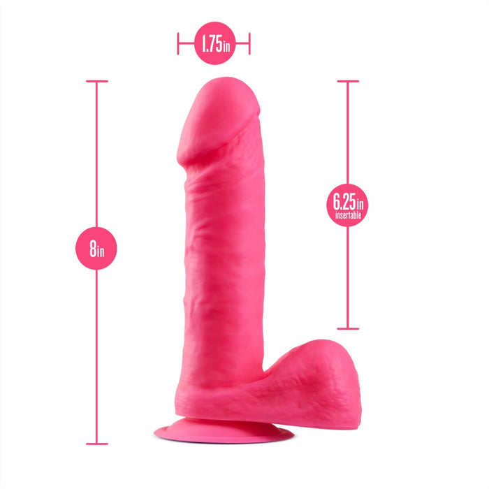 Eden | Neon Pink: 8-Inch Long Silicone Dildo With Balls & Suction Cup Base + Dual Density Realistic Technology