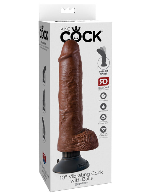 King Cock 10" Vibrating Cock with Balls - Brown | AdultSex.Toys