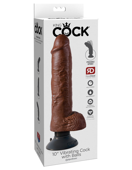 King Cock 10" Vibrating Cock with Balls - Brown | AdultSex.Toys