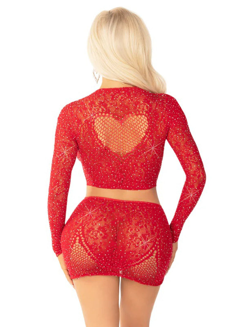 Leg Avenue Red 2pc Rhinestone Lace and Net Crop Top with - Heart Keyhole Mini Skirt - Os