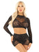 "Black 2pc Rhinestone Lace and Net Crop Top with - Heart Keyhole Mini Skirt - Os LA-81668BLKOS"
