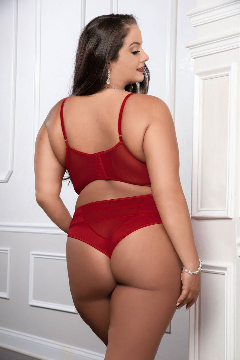 G-World Cinnamon Red 2pc Satin Bra and High Waist Panty - Queen Size