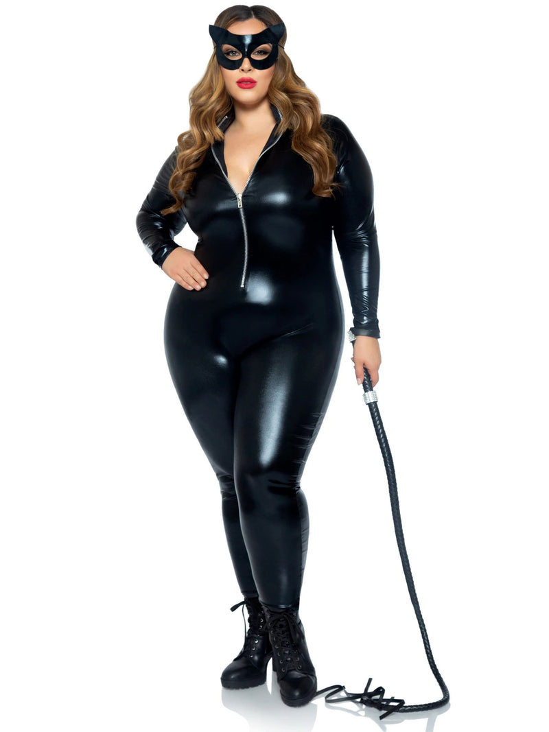Leg Avenue Lame Zipper Front Catsuit - 1x/2x - Black