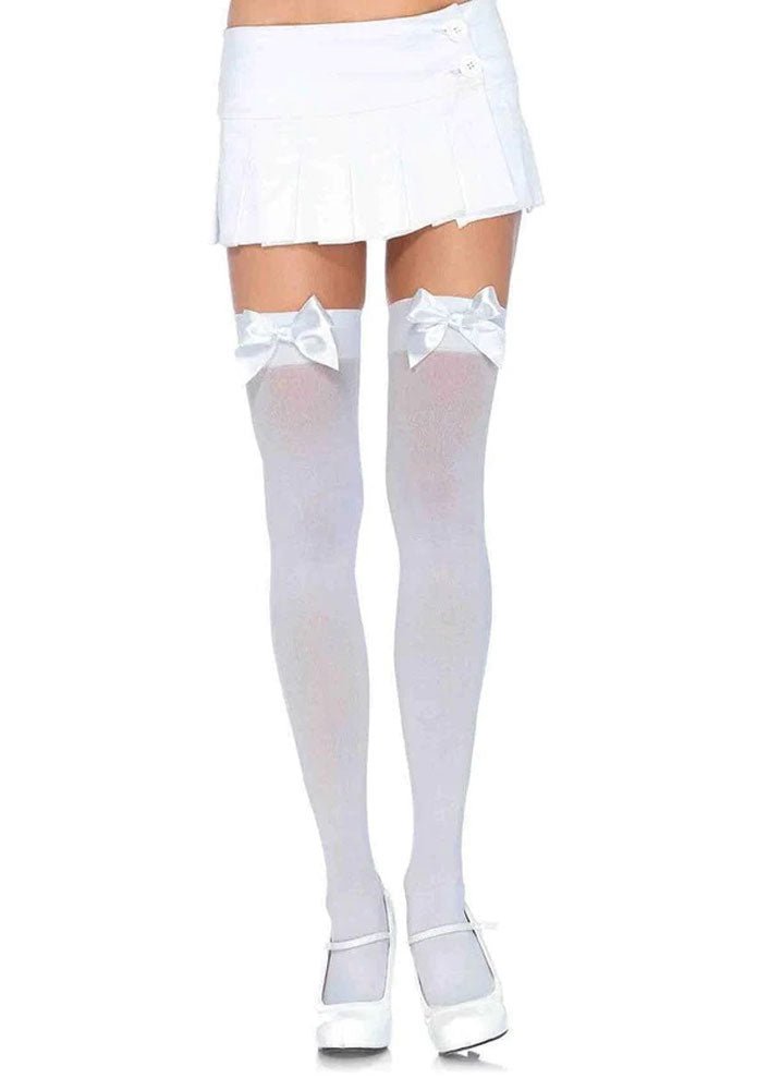 Leg Avenue Opaque Thigh Highs With Satin Bow Accent - One Size - White
