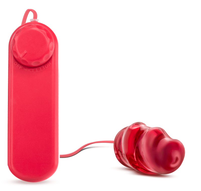 An egg shaped bullet with a soft, red sleeve that has a gentle swirl shape for texture. Bullet is connected to a red plastic controller by a thin red cable. Twist dial on controller adjusts intensity. Additional images show alternate angles.