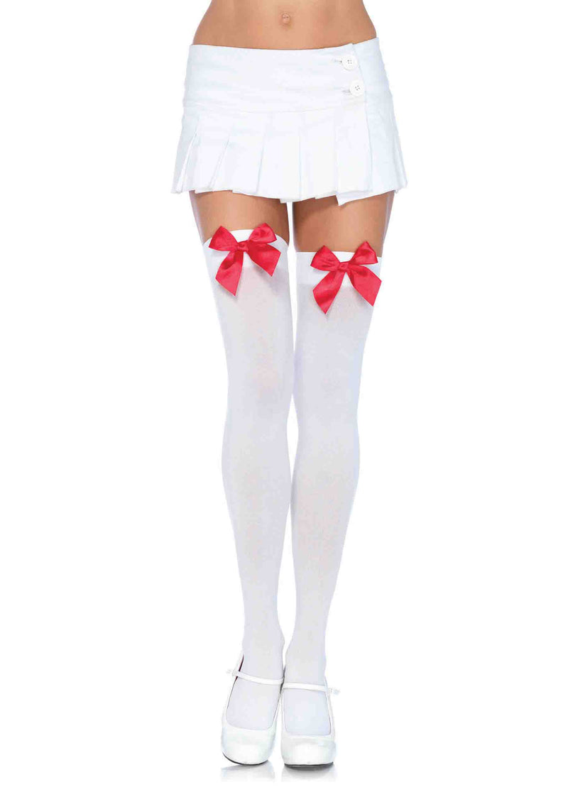 Leg Avenue Nylon Over the Knee Socks - White With Red Bow