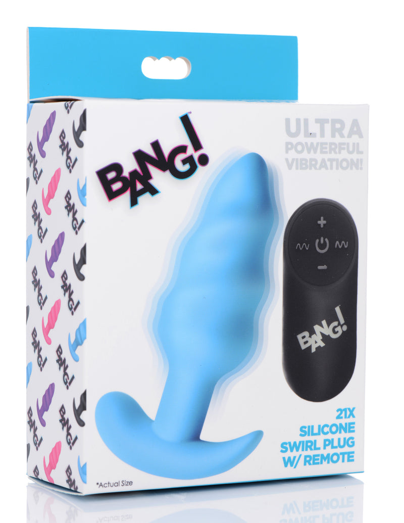 XR Brands 21x Silicone Swirl Plug With Remote - Blue