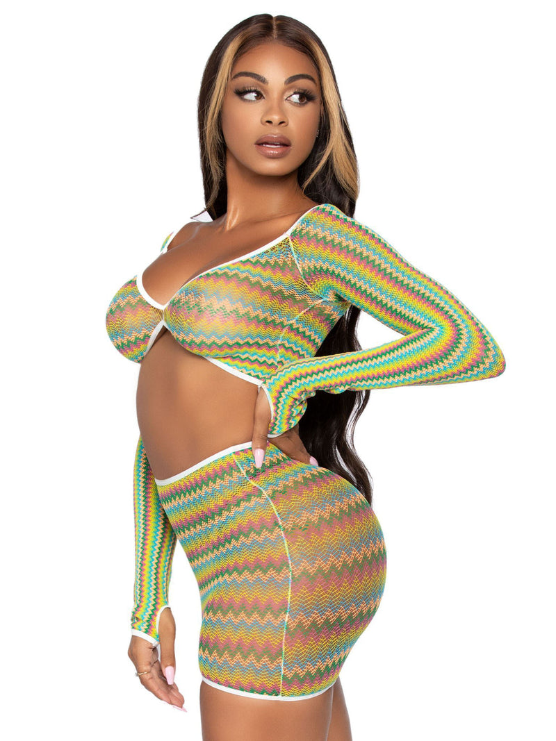 Leg Avenue 2 Pc Zig Zag Net Crop Top and Mini Dress - One Size - Green