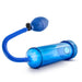 Blue cylinder that connects to a squeezable ball pump by a blue flexible hose. Includes blue pump sleeve and stretchy cock ring.  Additional images show alternate angles.