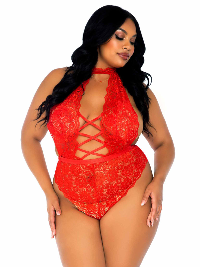 Leg Avenue Floral Lace Crotchless Teddy - 1x/2x - Red