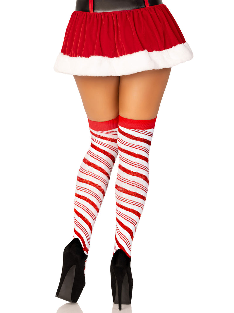 Leg Avenue Candy Cane Lurex Striped Socks - Over the Knee - Os - White/red