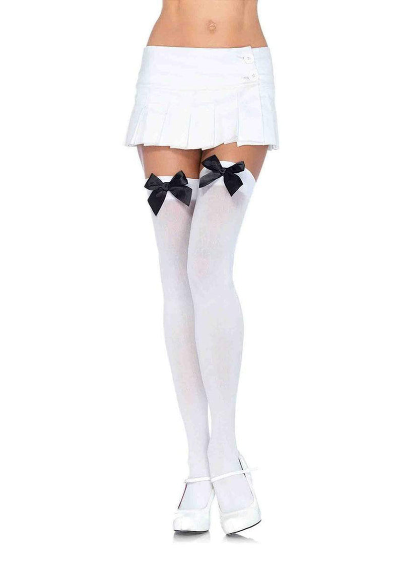 Leg Avenue Nylon Thigh Highs With Bow - One Size - White / Black