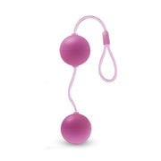 Two smooth, small, pink plastic Kegel balls connected by a pink cord with a loop at the bottom for easy retrieval. Additional images show alternate angles.
