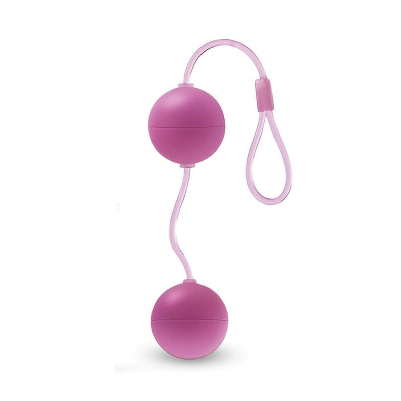 Two smooth, small, pink plastic Kegel balls connected by a pink cord with a loop at the bottom for easy retrieval. Additional images show alternate angles.