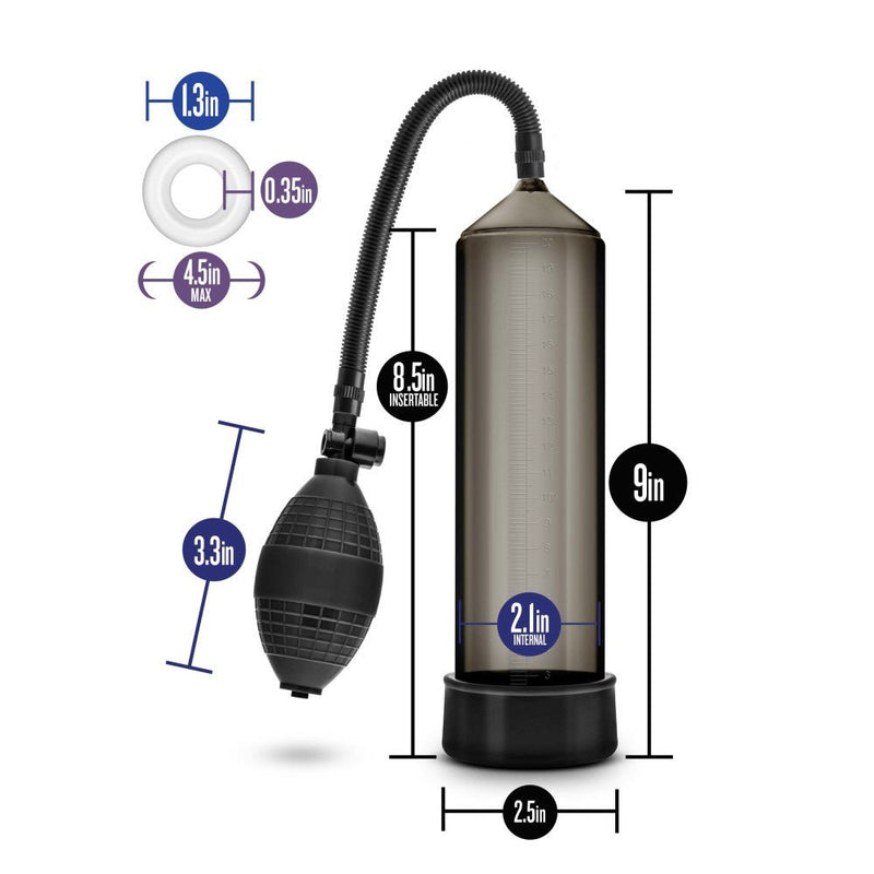 Black cylinder that connects to a squeezable ball pump by a black flexible hose. Includes black pump sleeve and stretchy cock ring.  Additional images show alternate angles.