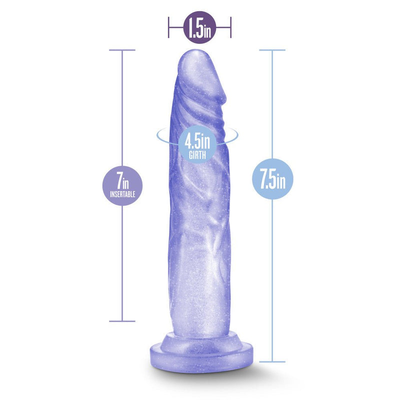 Clear realistic dildo with fine glitter inside with a slim tapered realistic head for easy insertion and subtle veins along the straight but flexible shaft. Suction cup base. Additional images show alternate angles.