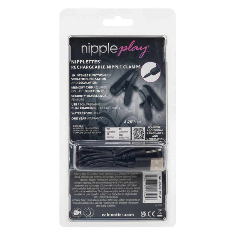 CalExotics Nipple Play Nipplettes Vibrating Nipple Clamps Black Rechargeable