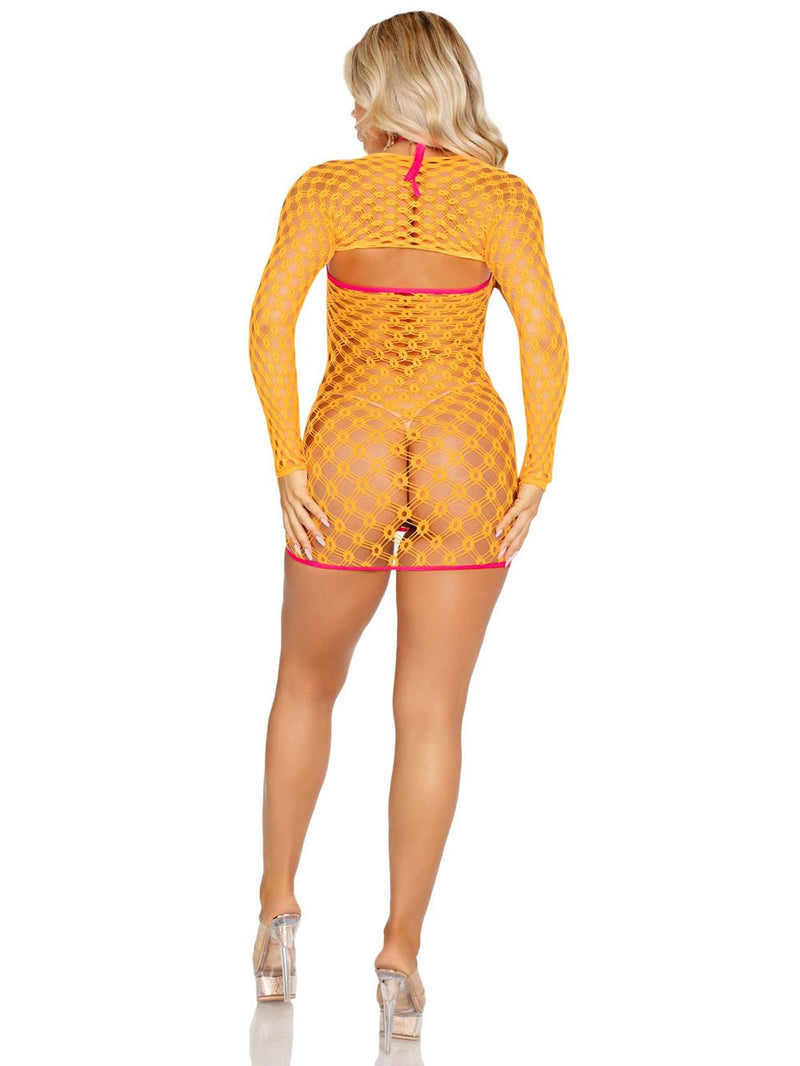 Leg Avenue 2 Pc Eyelet Net Mini Dress With Tie- Front Keyhole and Shrug O/s - Neon Orange