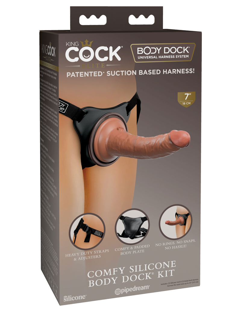 Pipedream King Cock Elite Comfy Silicone Body Dock Kit - Harness and 7 Inch Dildo - Tan