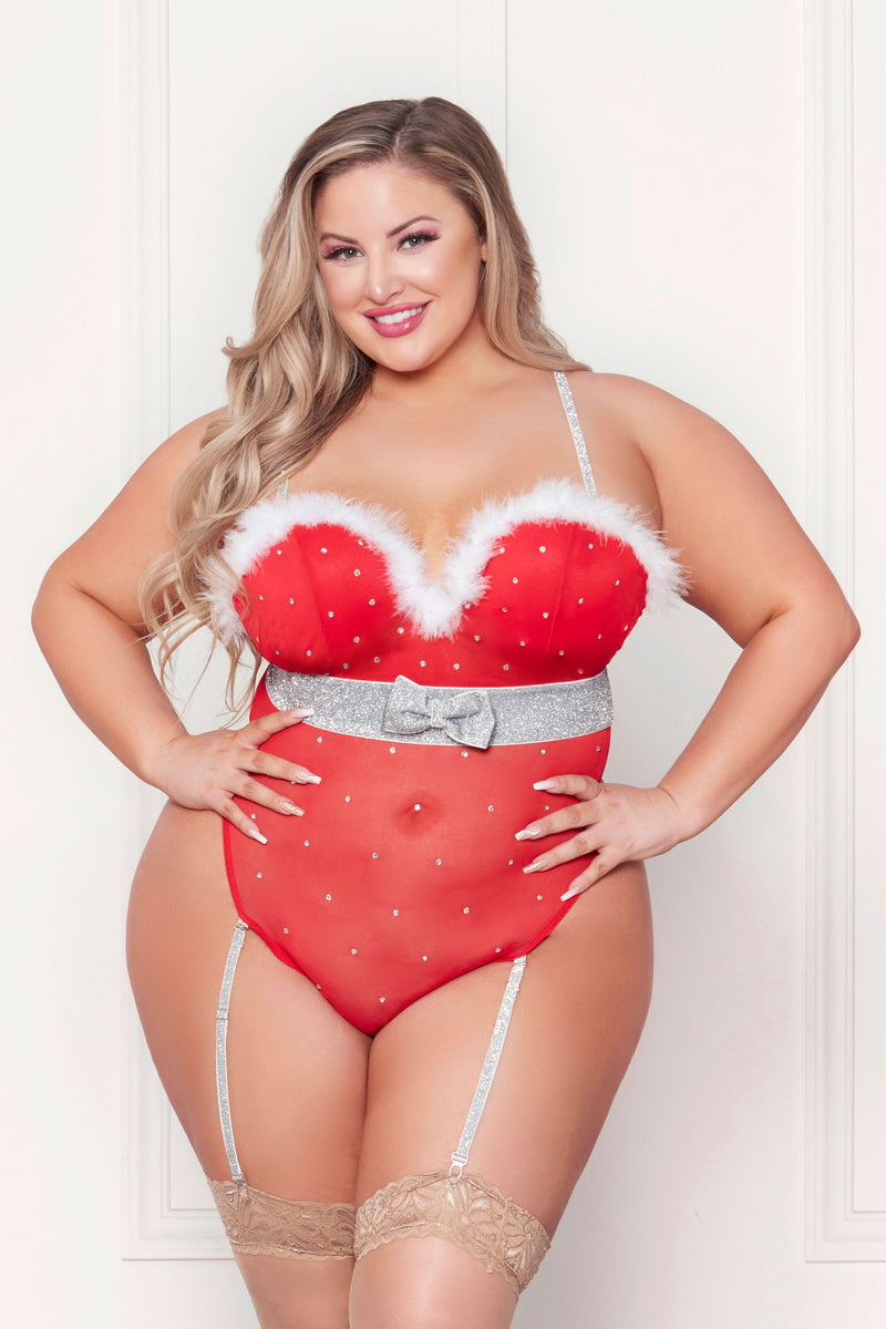 Seven Til Midnight Rhinestone Studded Mesh Teddy With Marabou Trim - 3x/4x - Red