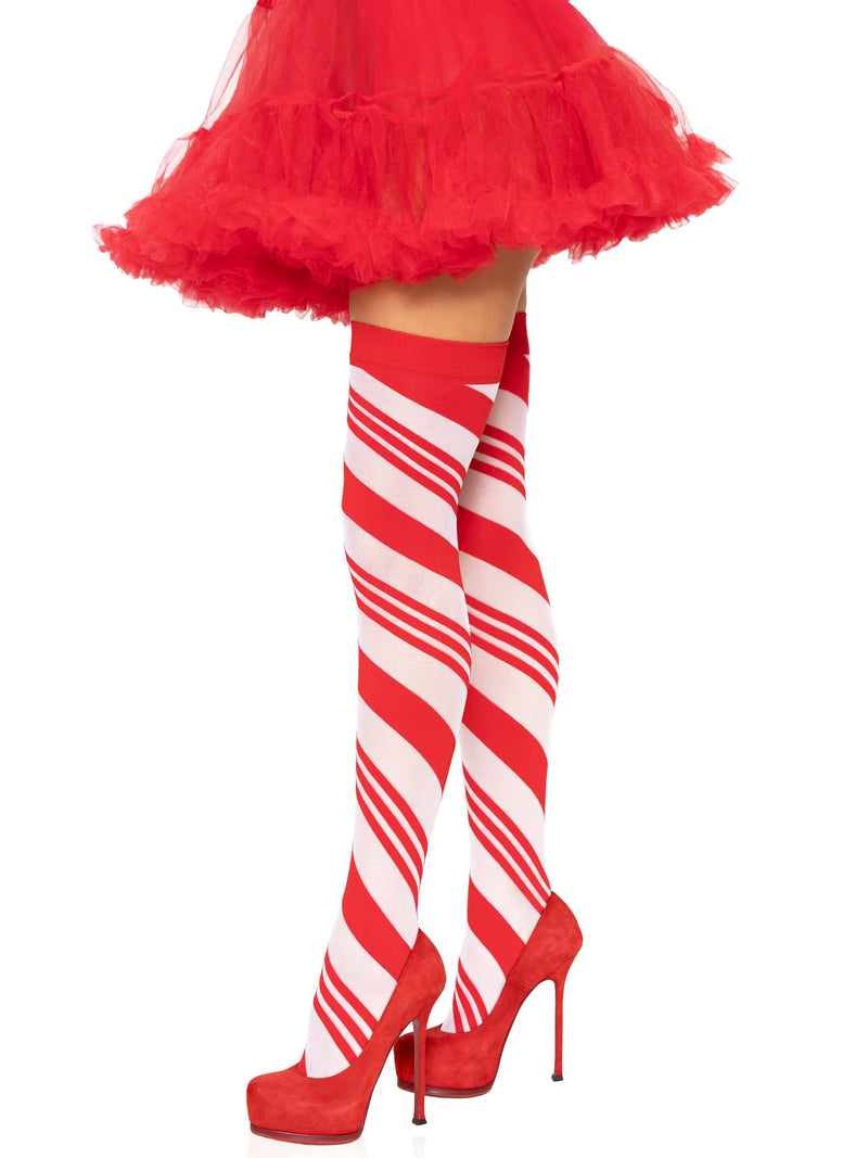 Leg Avenue Candy Cane Thigh High - One Size - White/red