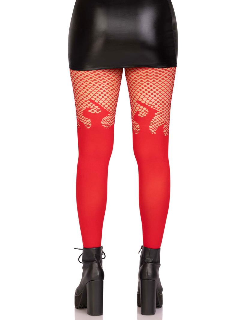 Leg Avenue Opaque Flame Tights With Fishnet Top - One Size - Red